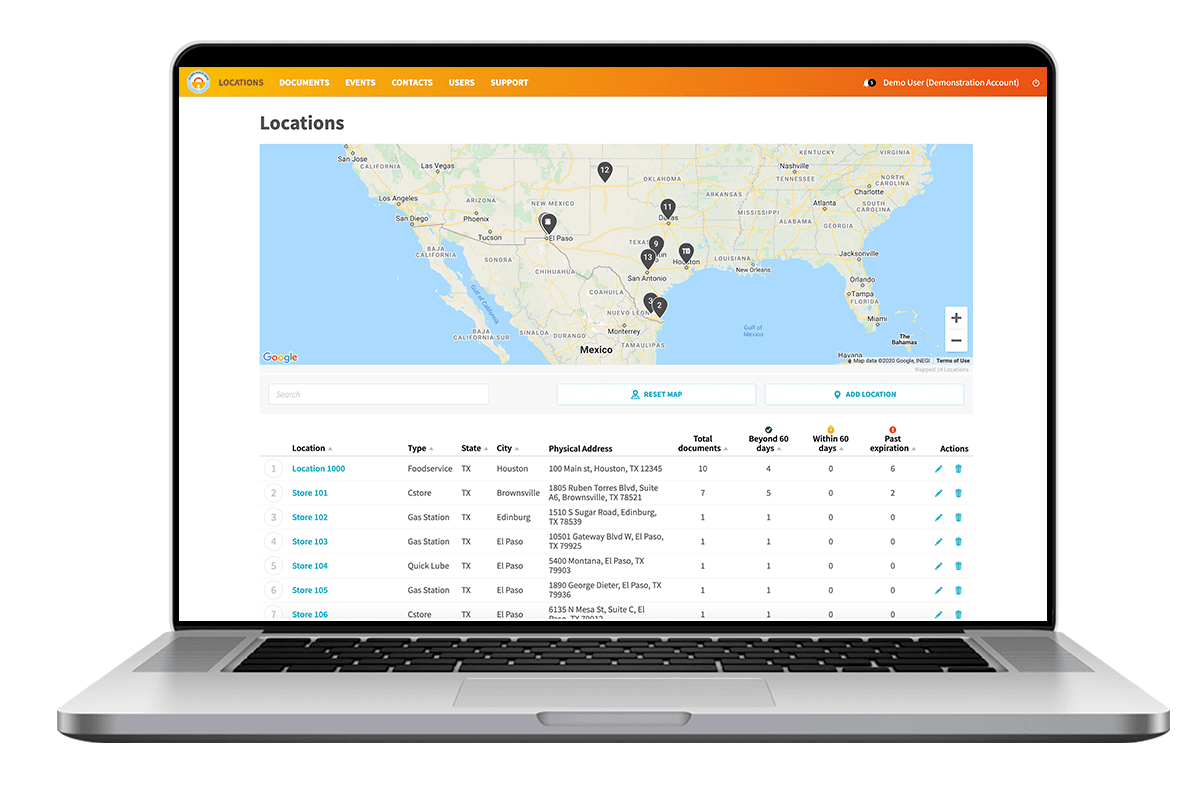 The Compliance Safe Locations screen: every store on a map, and for each one how many documents are past expiration, due within 60 days, or clear.